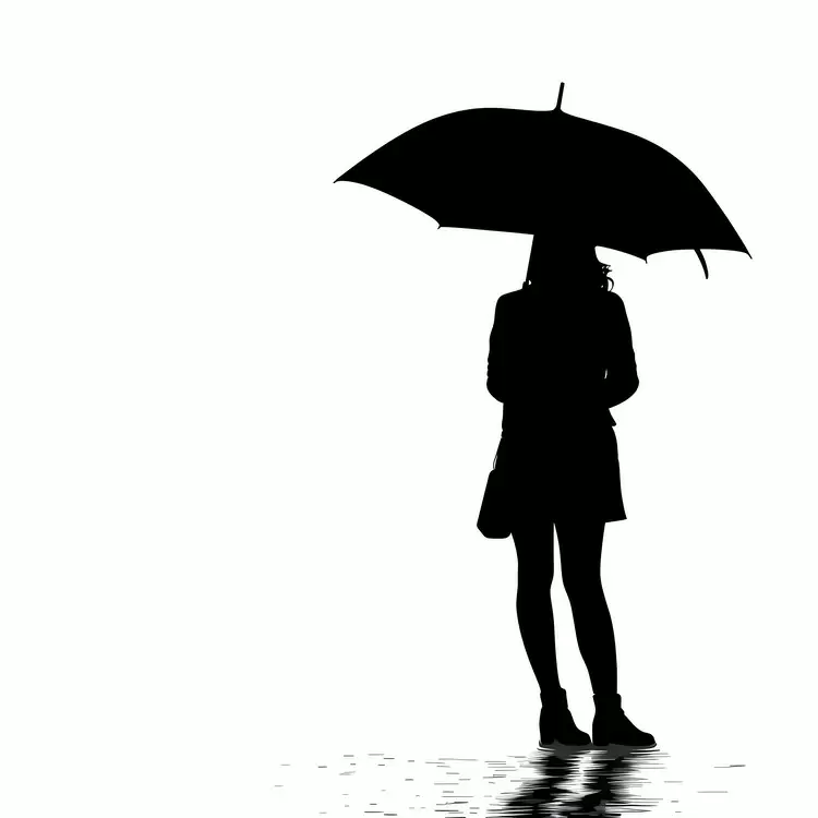Silhouette of a woman with an umbrella in the rain