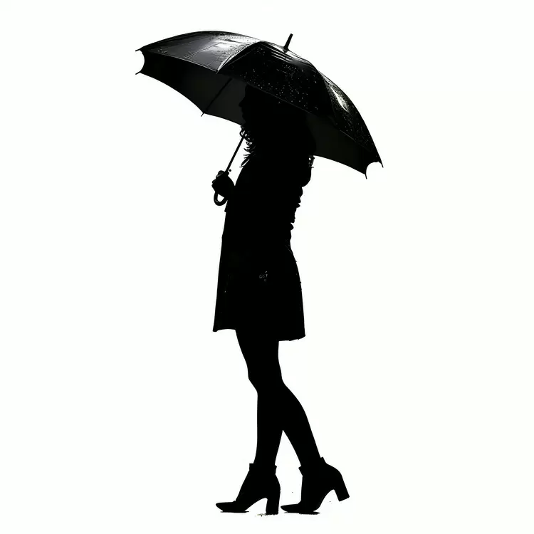 Silhouette of a woman with an umbrella in the rain