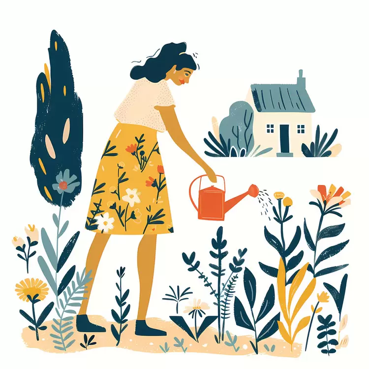 Woman Watering Plants in Garden
