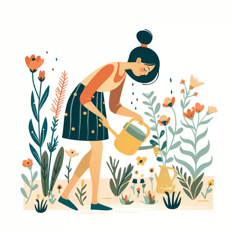 Woman Watering Plants in Garden