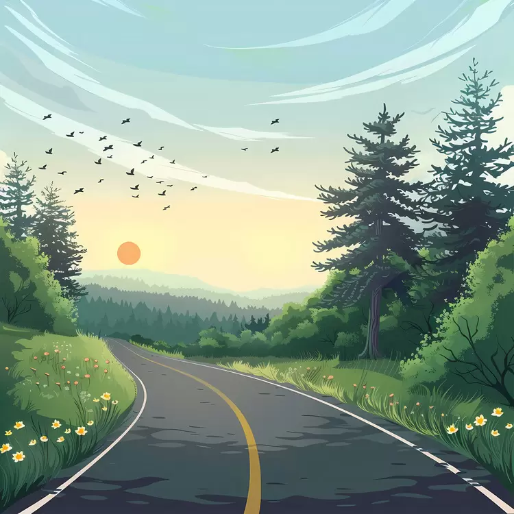 Curvy Road at Sunset with Birds