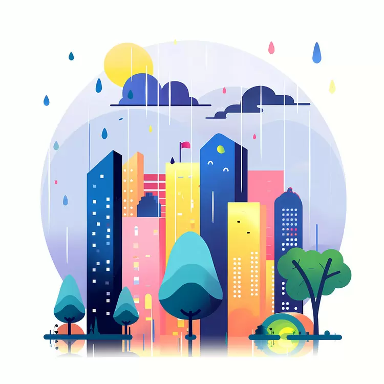 Bright city with sun and rain