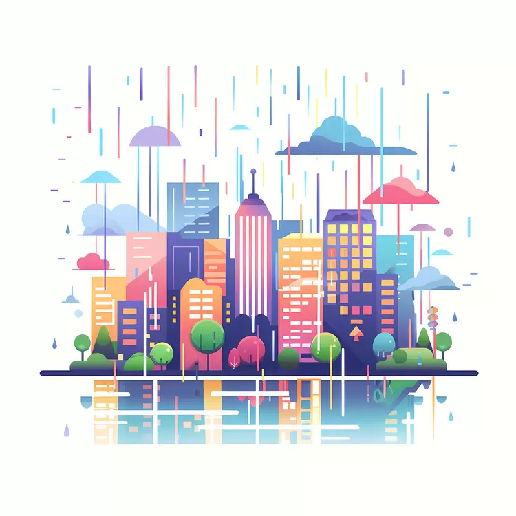 Colorful city skyline with rain