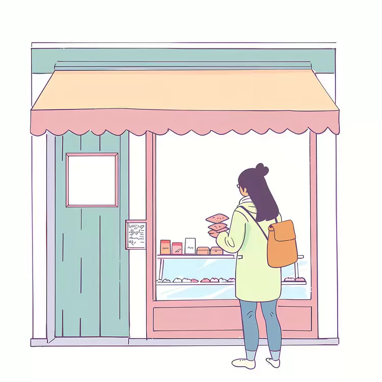 Woman enjoying pastries in front of a bakery