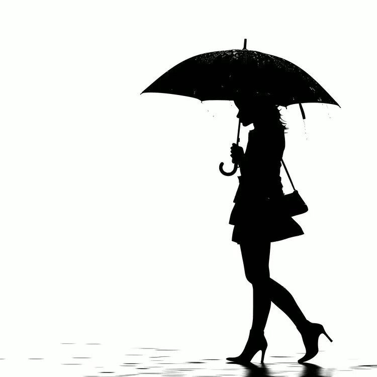 Silhouette of a woman with an umbrella in the rain