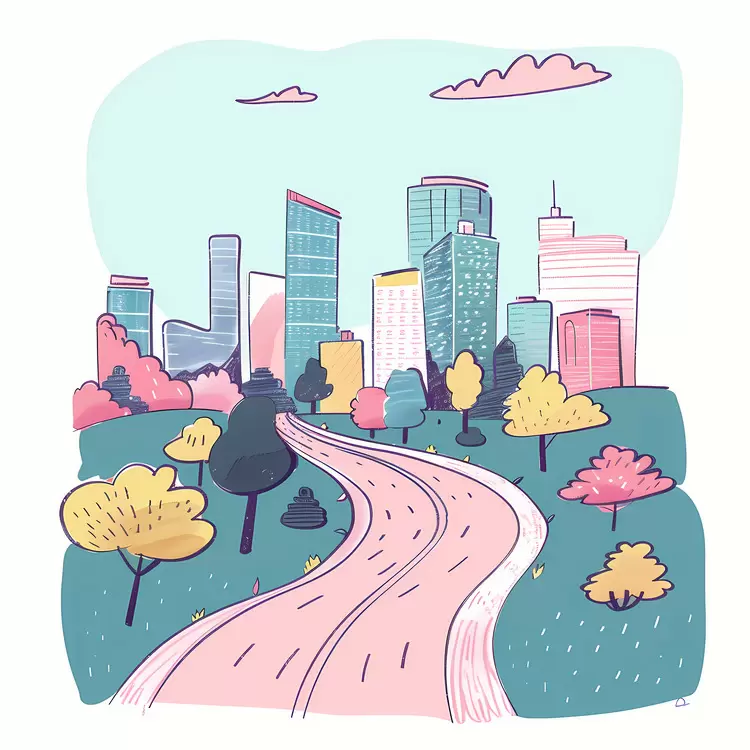 Vibrant City Skyline with Winding Road