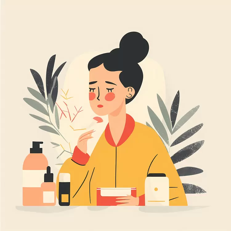 Thoughtful Woman with Skincare Products