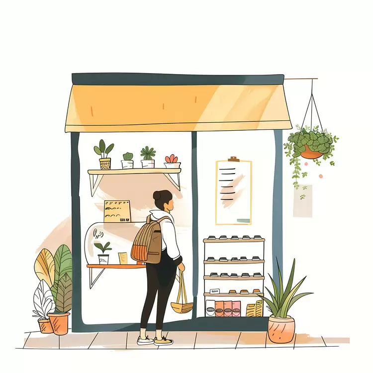 Woman exploring a bakery with plants outside