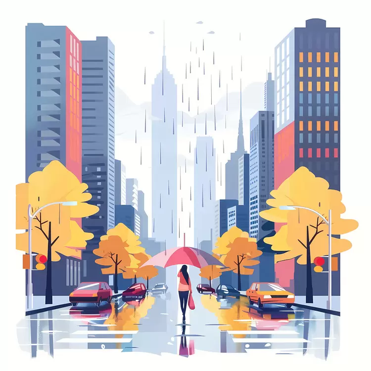 Rainy Cityscape with Umbrella