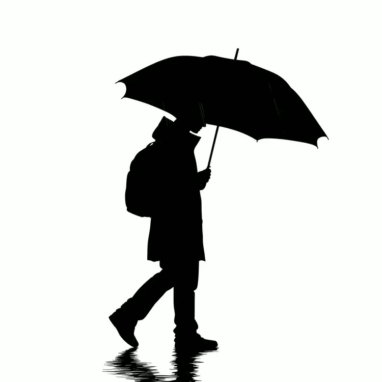 Silhouette of a person with an umbrella in the rain