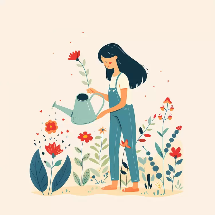 Woman Watering Garden Flowers