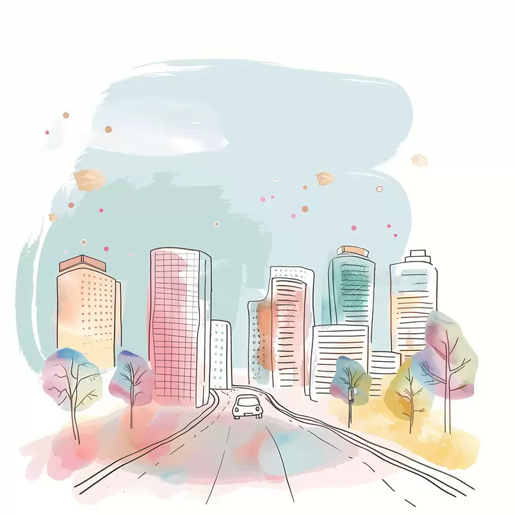 Whimsical Watercolor City Skyline
