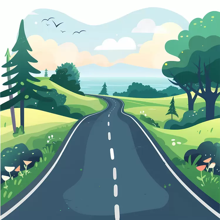 Curvy Road Through Green Hills