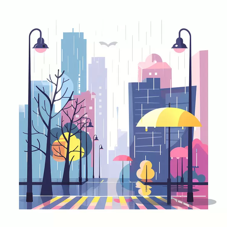 Rainy street with trees