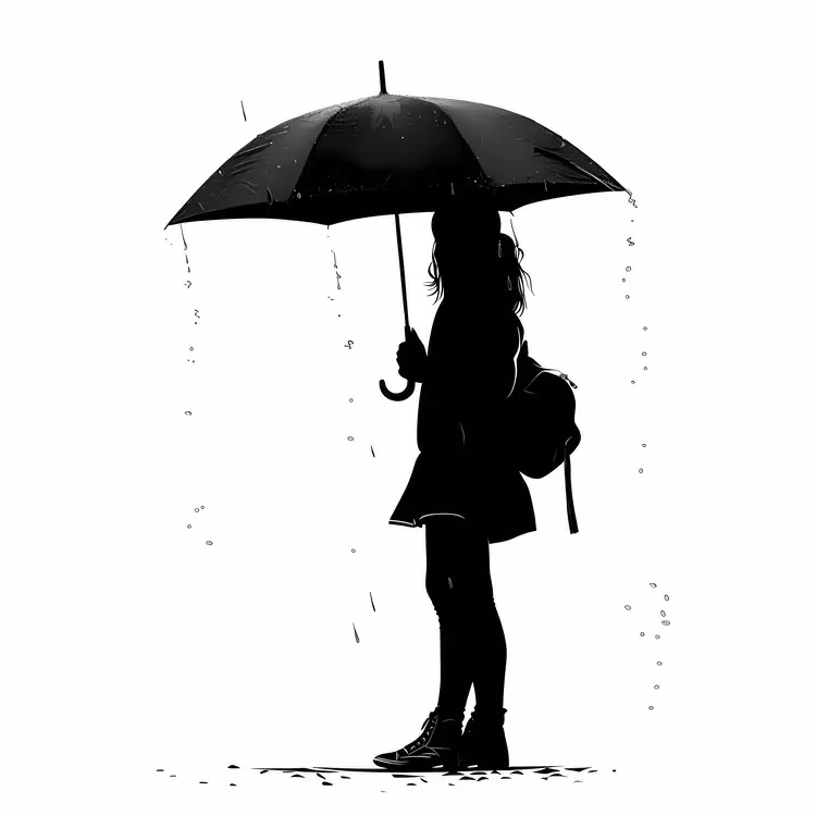 Silhouette of a person with an umbrella in the rain