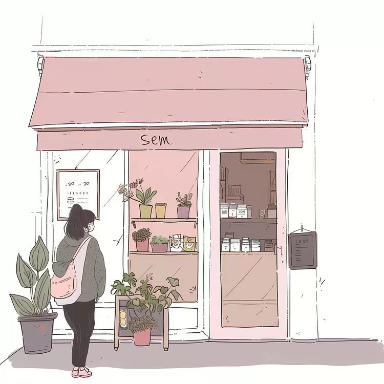 Woman admiring plants in a cozy shop
