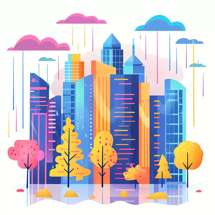 Colorful city skyline with trees