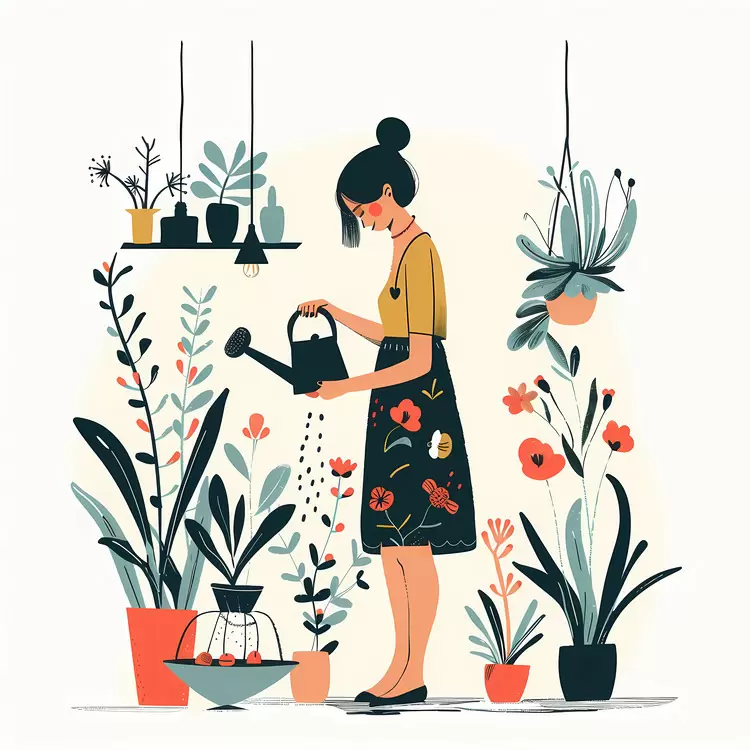 Woman Watering Plants Illustration