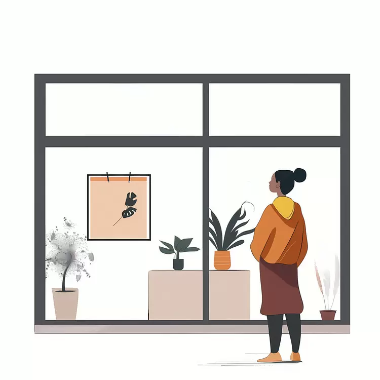 Woman admiring art and plants through a window