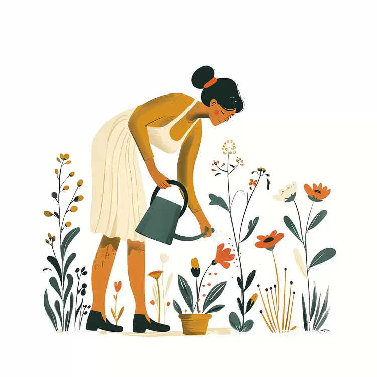 Woman Watering Garden Flowers