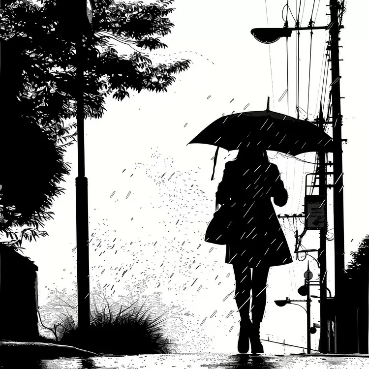Silhouette of a person with an umbrella in the rain