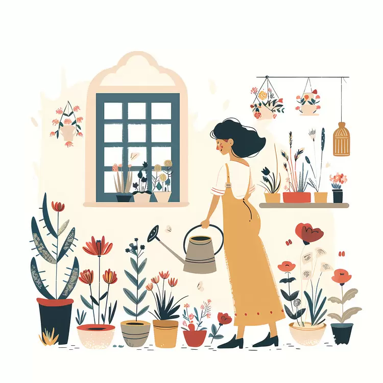 Woman Watering Indoor Plants