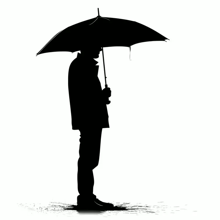 Silhouette of a person with an umbrella in the rain