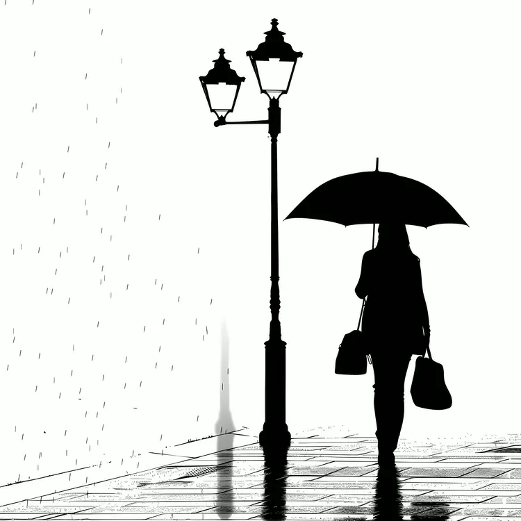 Silhouette of a person with an umbrella in the rain