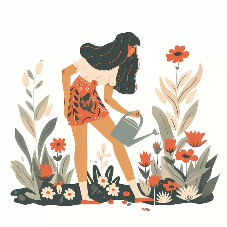 Woman Watering Flowers in Garden