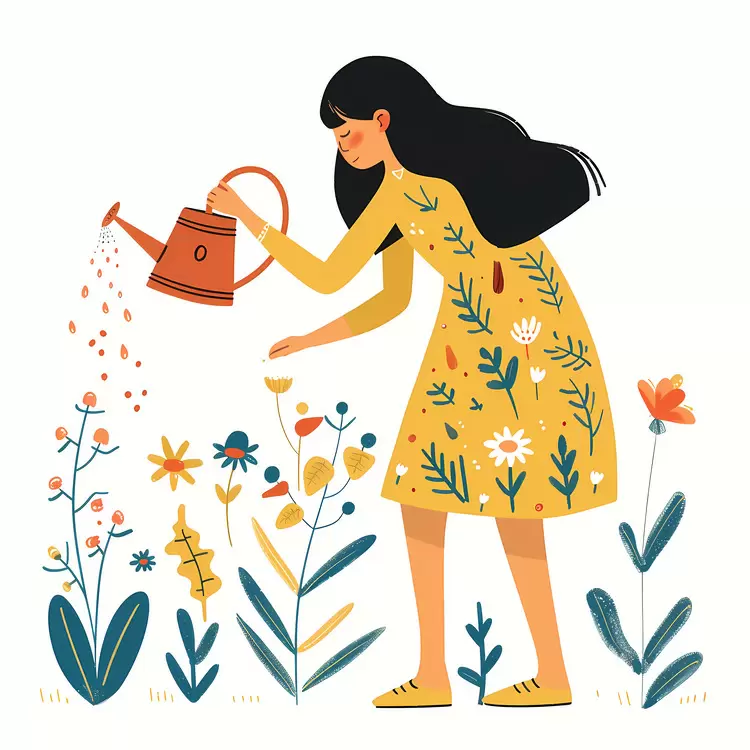 Woman Watering Garden Flowers