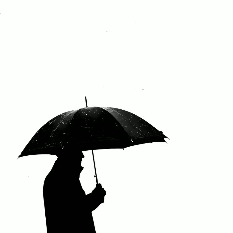 Silhouette of a person with an umbrella in the rain