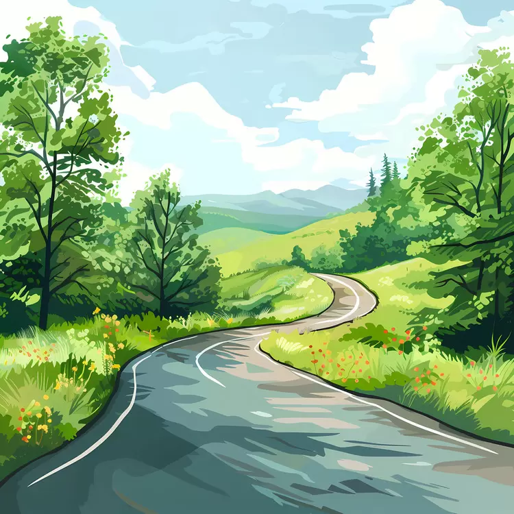 Winding Road Through Green Fields