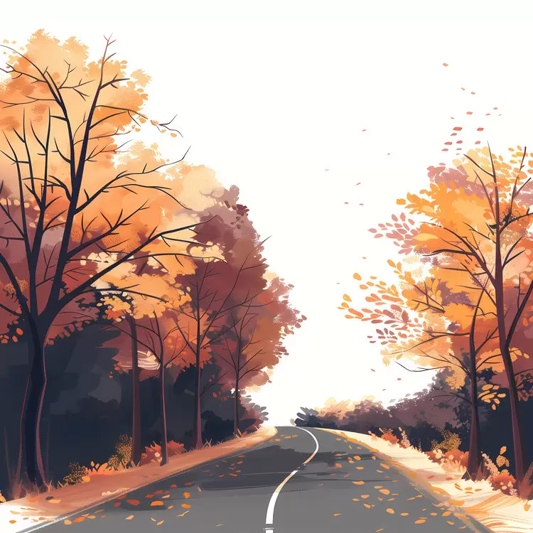 Curvy Road with Falling Autumn Leaves