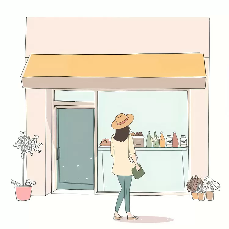 Woman enjoying a sunny day in front of a beverage shop