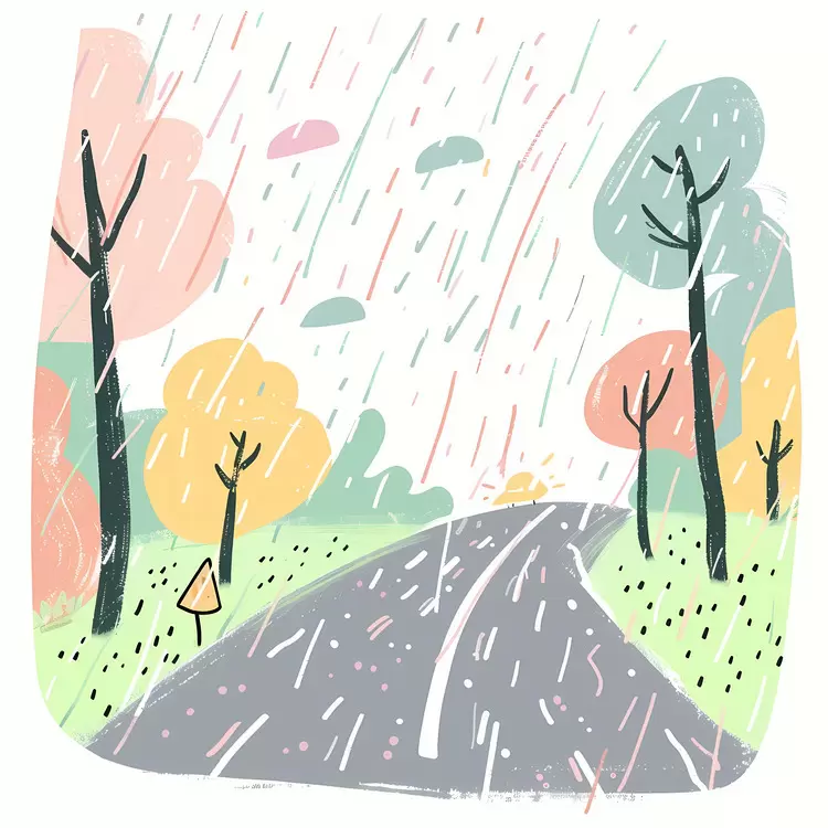 Rainy Road in Autumn Scenery