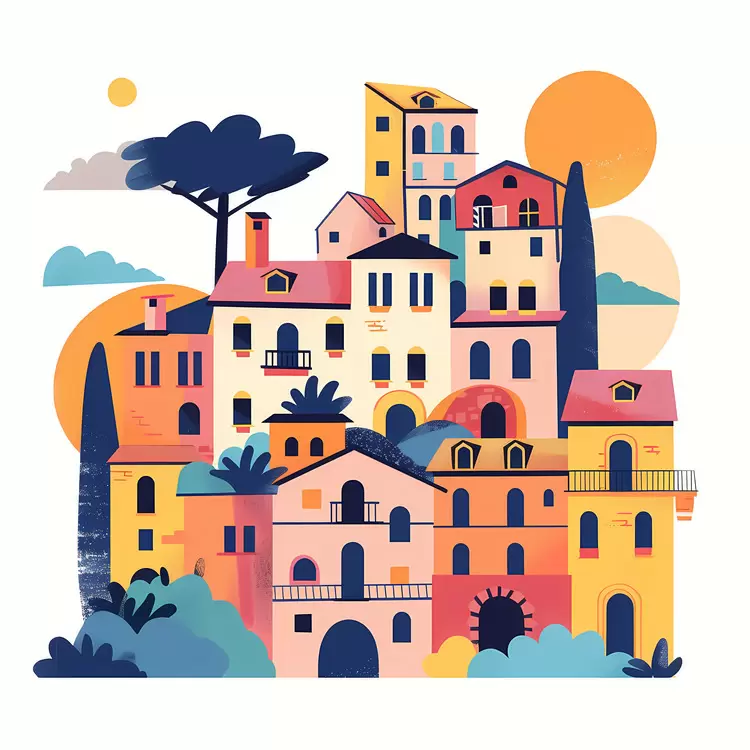 Colorful Houses in a Village Illustration