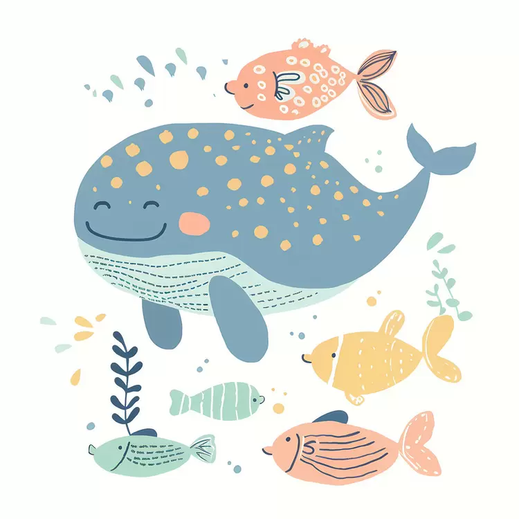 Bubbles Playful Whale And Fish Happy Colorful