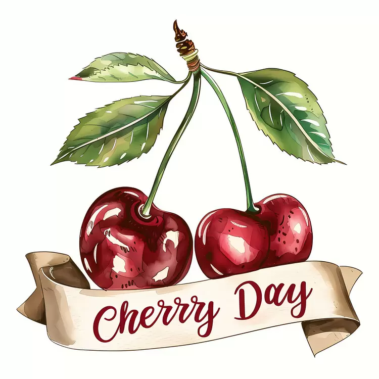 Ribbon Label Hand-drawn Cherry Day Botanical illustration