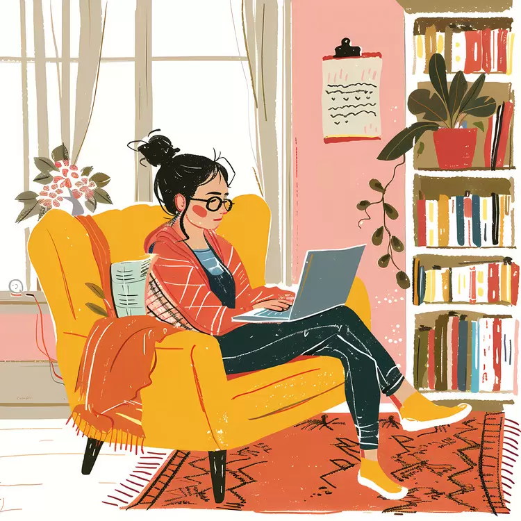 Woman Working on Laptop in Cozy Home