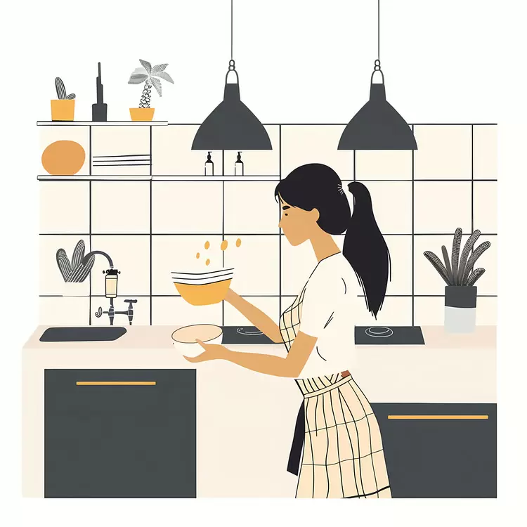a long sleeve top and pants Open shelves with spices and canned goods The woman is wearing an apron Cabinets with utensils and other cooking tools A large window with plants in front of it