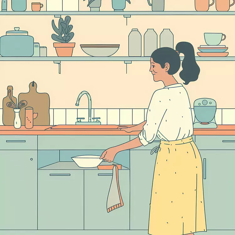 pots cupboards Woman in kitchen dishwasher