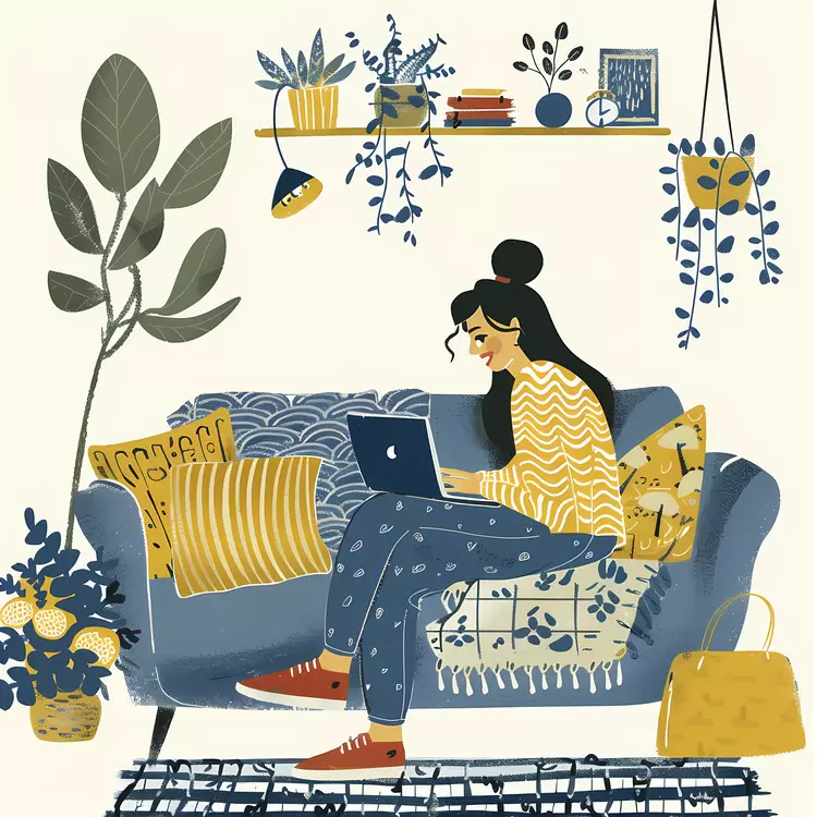 Woman Working on Laptop in Cozy Living Room Illustration