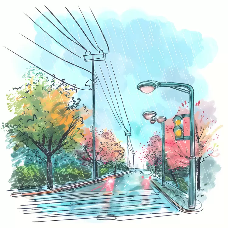 Rainy Street with Colorful Trees