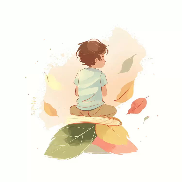 Autumn foliage Boy sitting on leaves Bold brush strokes Foliage texture Leafy background