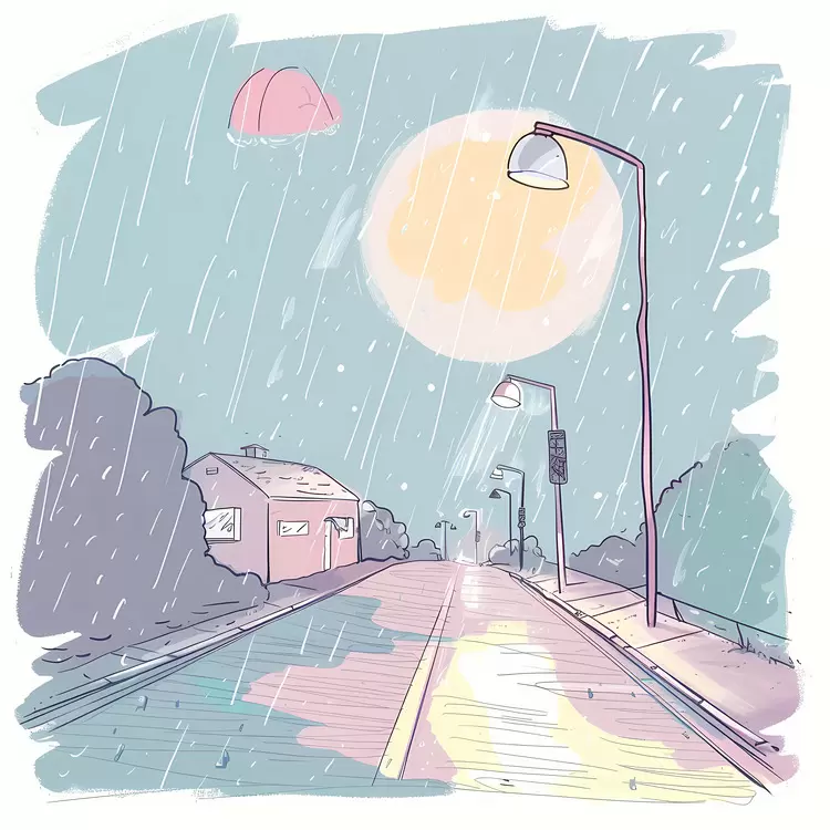 Rainy Street with Lampposts
