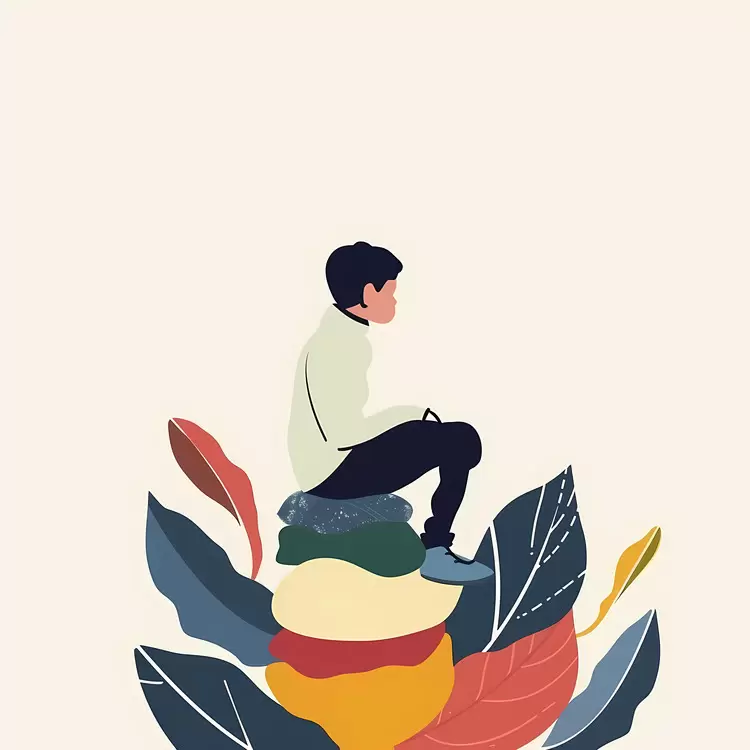 brown green Woman sitting on pile of leaves Boy sitting