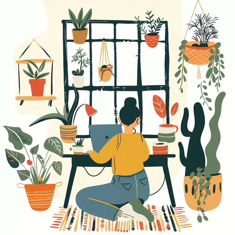 Woman Working on Laptop in a Plant-Filled Home Office