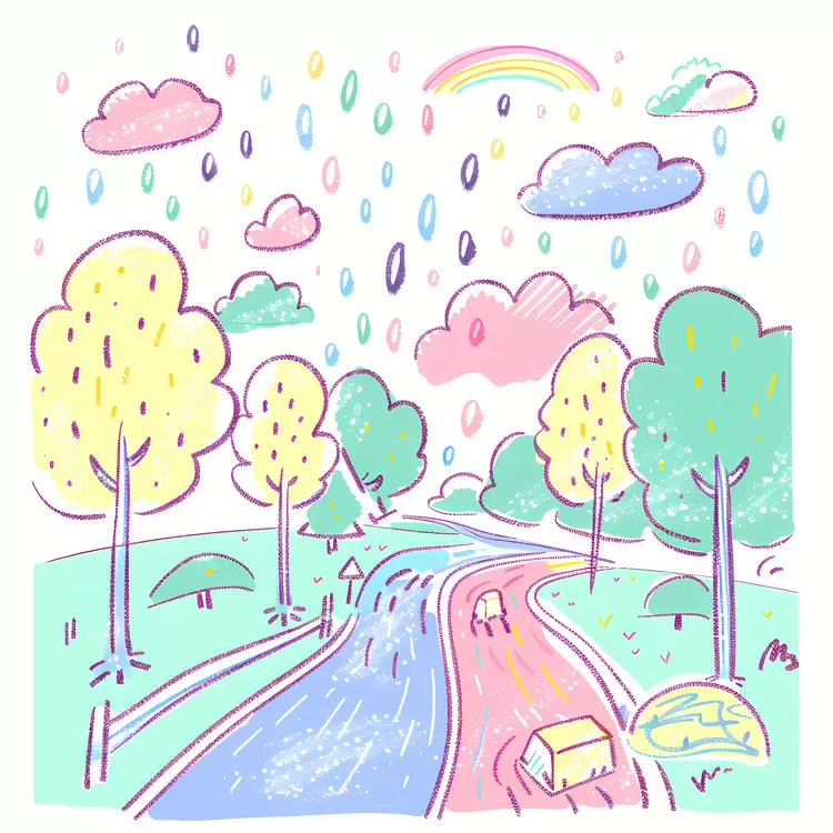 Colorful Rainy Landscape with Trees and Road