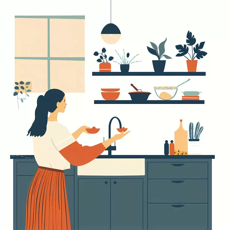 Woman in kitchen spices dishes plants