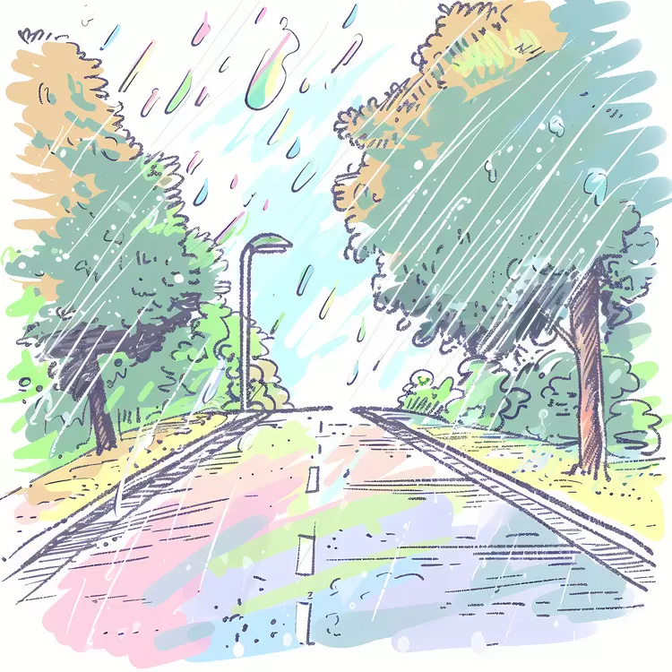 Rainy Road with Trees in Cartoon Style